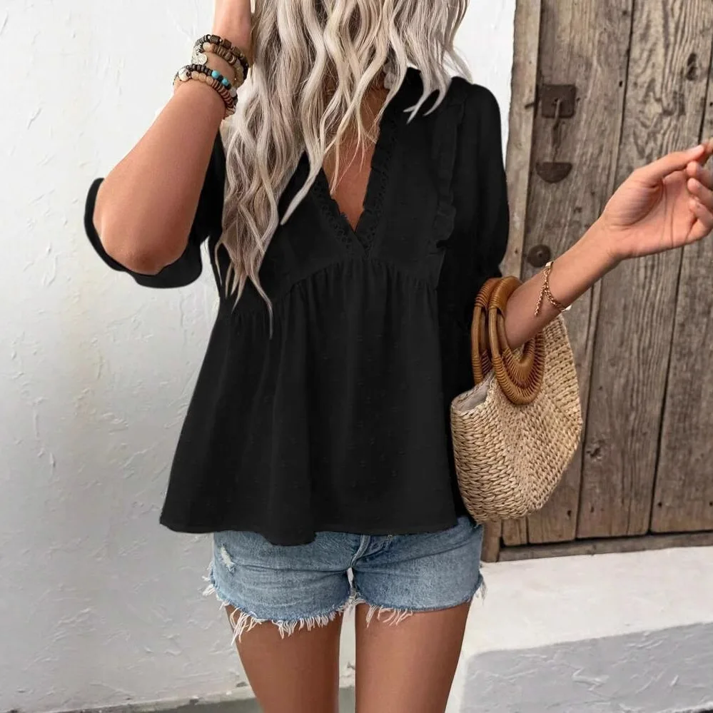 Blusa blanca holgada informal de verano para mujer, Tops y camisas de encaje de media manga con volantes y cuello en V a la moda, blusas elegantes para mujer 2025