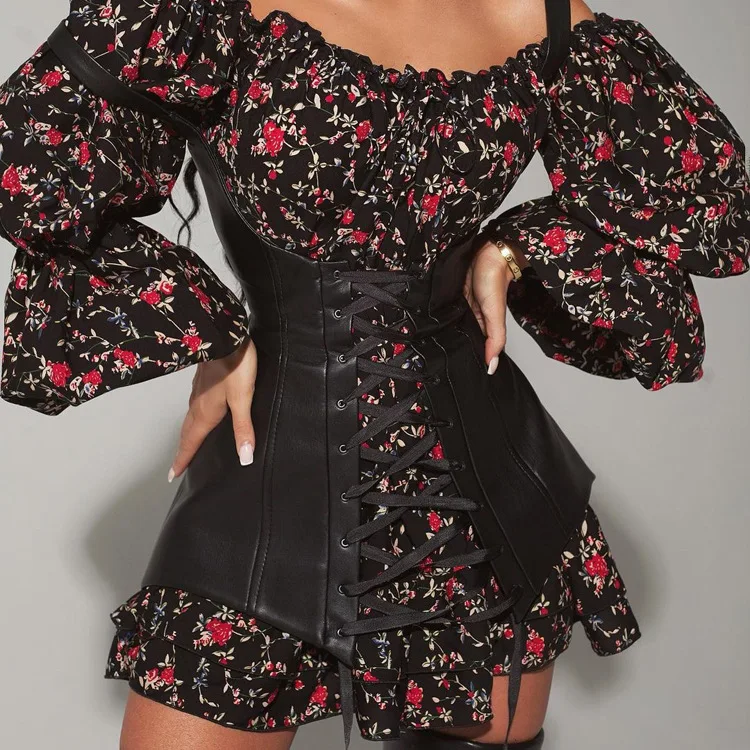 

Women's 2026 New Fashion Long Sleeved Floral Dress Paired with Vest Waist Cinching A-line Skirt for Slimming Effect