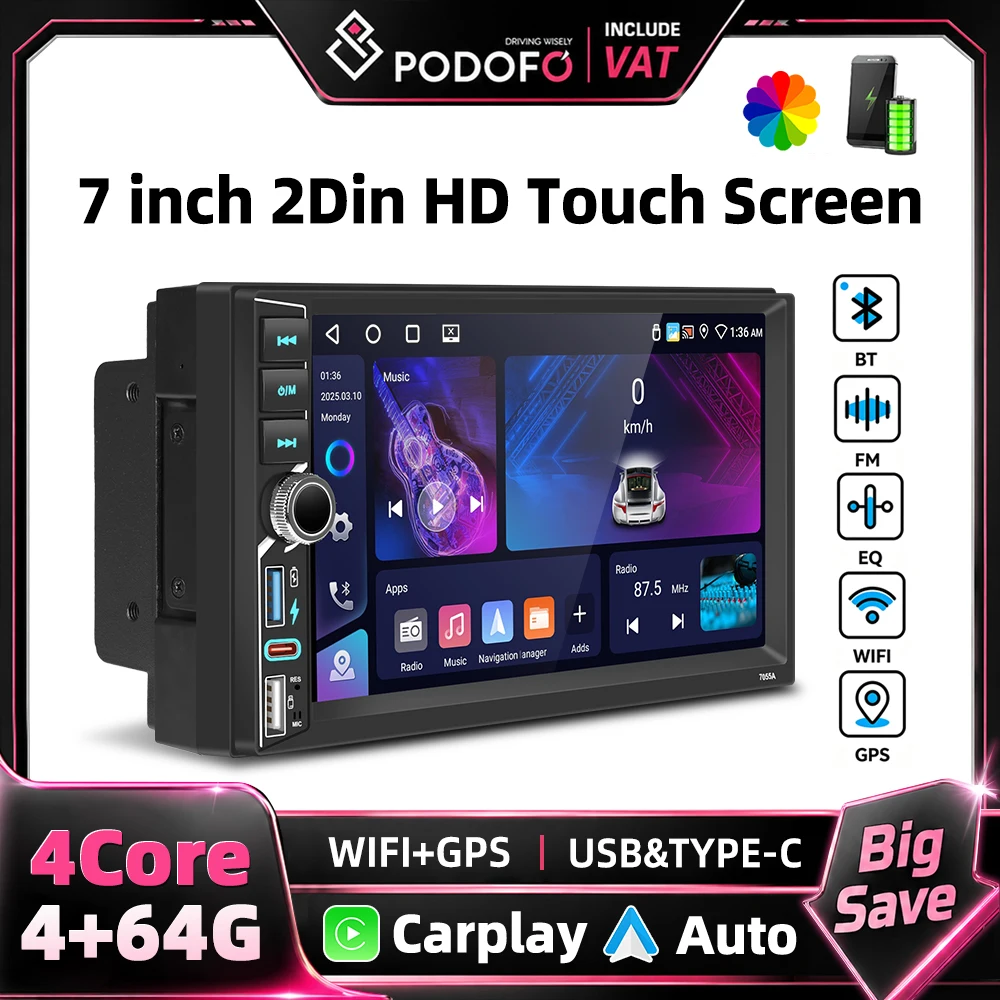 Podofo 7-calowe radio samochodowe 2 Din z Androidem, 4+64G, bezprzewodowy Carplay, Android Auto, Mirror Link, Wi-Fi, GPS, FM/RDS, BT, EQ, AI DSP, inteligentne systemy samochodowe, obsługa kamery