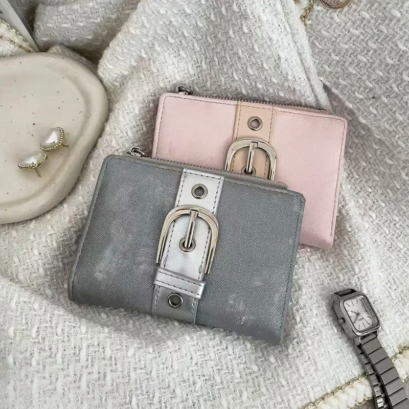Retro Korean Style Short Wallet with Multiple Card Slots Two-Fold Zipper Pocket Money Bag for Women