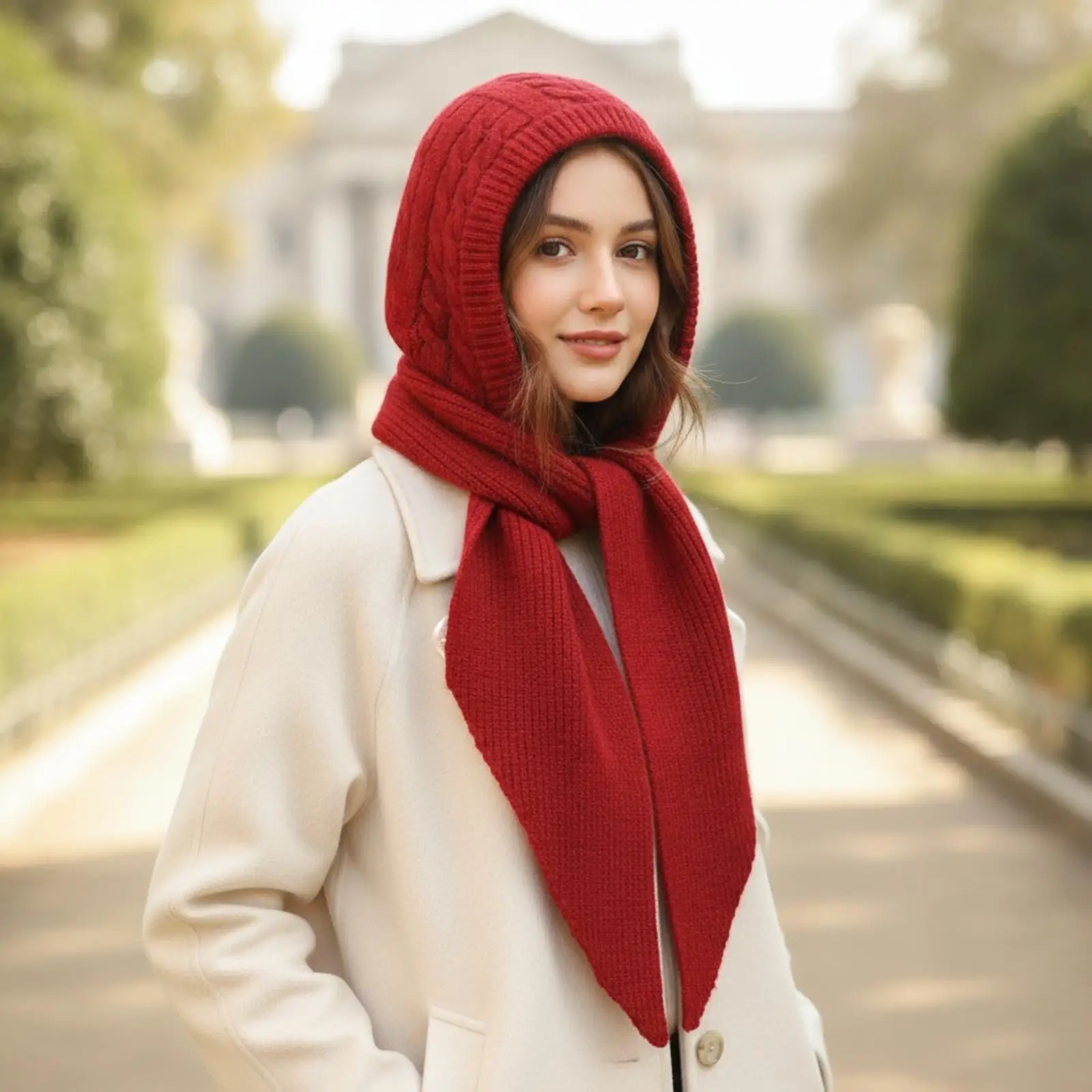 女性用、冬用のニット帽。スカーフが付いており、フード付きのショールとしても使える。暖かく、首や頭を保護し、屋外での使用に最適。