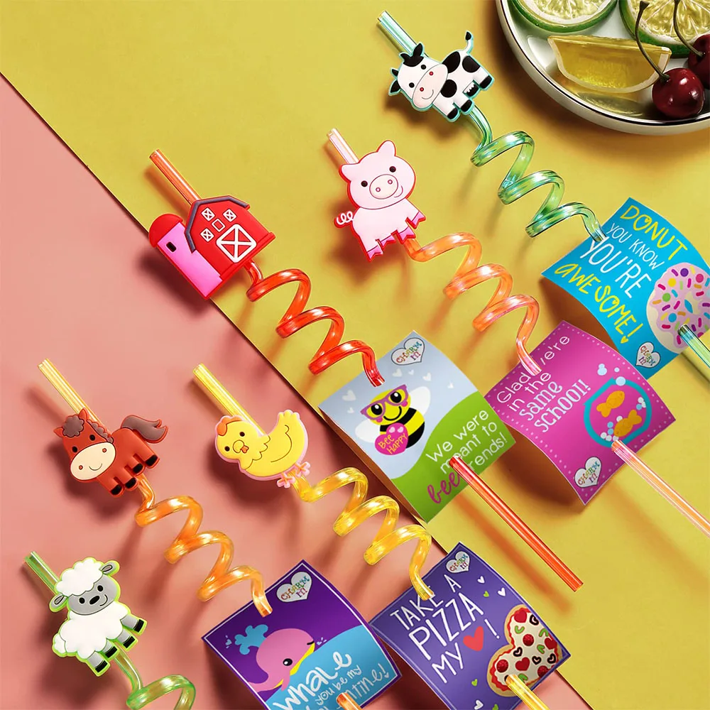 6Reusable Farm Animal Drinking Straws Chicken Sheep Horse Cow Pig for Barnyard Farm Kid Birthday Party Supplies Gift Favors with