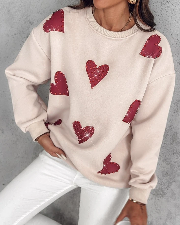 Women's fashionable casual top 2024 autumn/winter round neck heart-shaped printed long sleeved rhinestone decorated sportswear