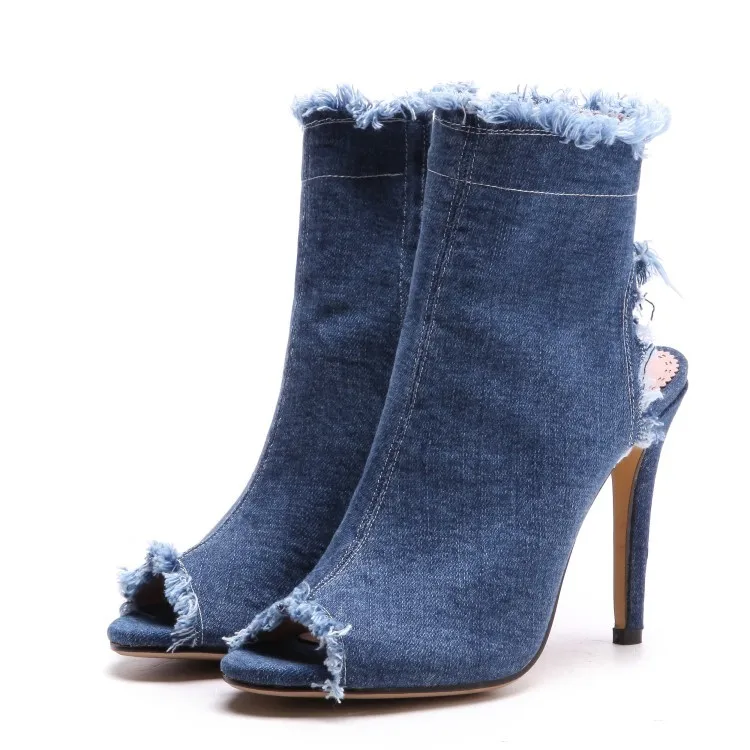 High Heels Women Sandal Summer 2024 Fashion Denim Peep Toe Size Zip Women\'s Sandal Lady Dress Party Shoes