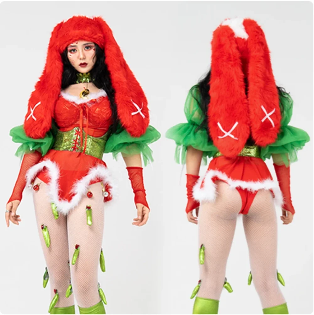 Lovely Outfit Stage Costume Plush Hat Christmas Festival Party Clothing Rave Outfit Nightclub Bar Gogo Dancer Clothes