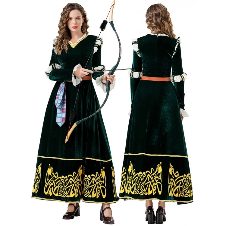 용감한 메리다 중세 궁정 스타일 녹색 긴 드레스 할로윈 의상 롤플레잉 민족 무대 의상 여성 패션