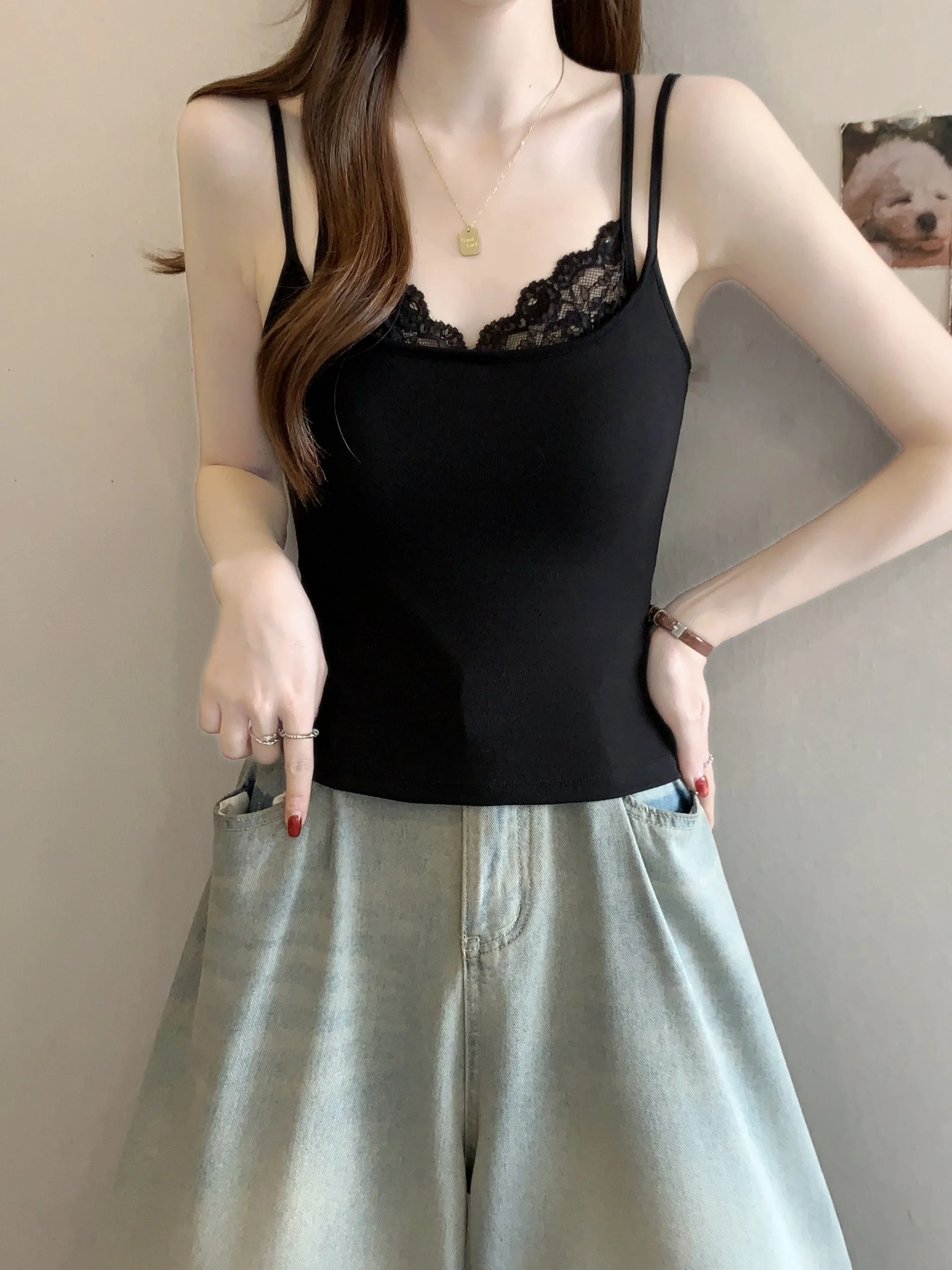 Lace Backless Integrated Pad Women's Tank Top Inner Wear Layering Shirt Spring Summer New Style plus Size U-Neckline Casual Wear