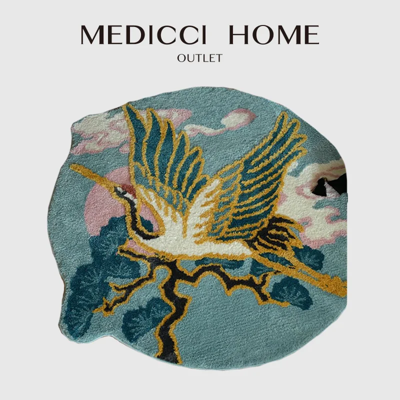 Medicci Home Japanese Crane Bird Vintage Art Hand-Tufted Indoor Outdoor Rug Experienced Artisans Versed Luxury Carpet 120x133cm