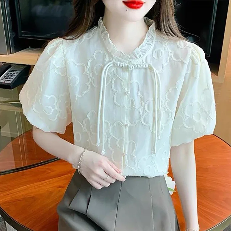 

Fashion Ruffled Neck Lace Up Button Puff Sleeve Shirts Female Clothing 2024 Summer New Loose Casual Tops Sweet Blouses ZL674