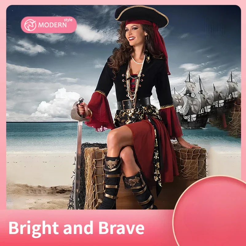 Halloween Carnaval Costume Makeup Dance Red Pirate Cos Adult Female Caribbean Pirate Performance Clothing Sexy Cosplay Uniform