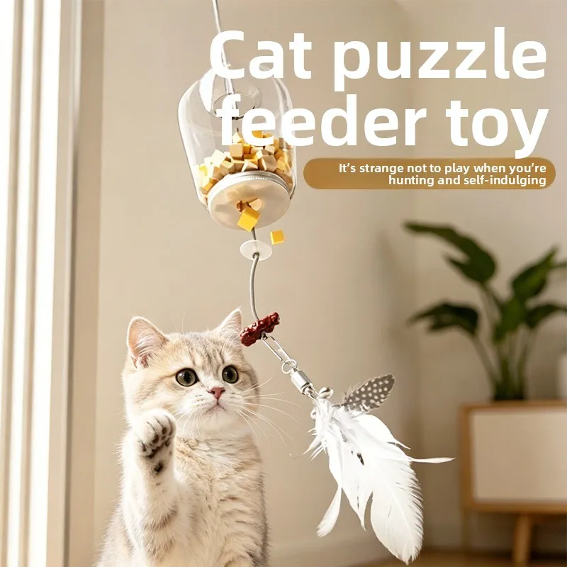 

Interactive Cat Puzzle Toy with Treat Dispenser, Hanging Feather Teaser for Indoor Cats, Boredom Buster Self-Play Kitten Toy