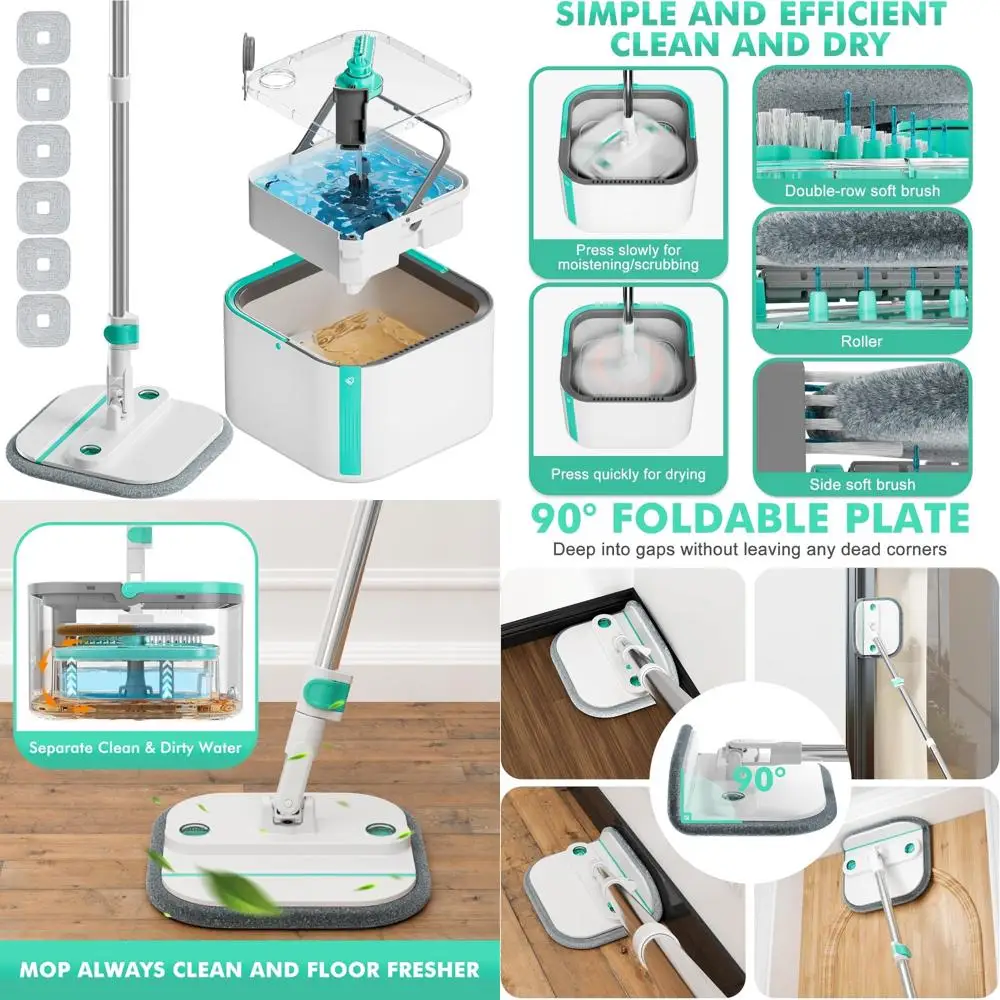 

Self-Standing Spin Mop Bucket Set with Separate Dirty and Clean Water System, 360° Rotating and 90° Wringing for Easy Cleaning