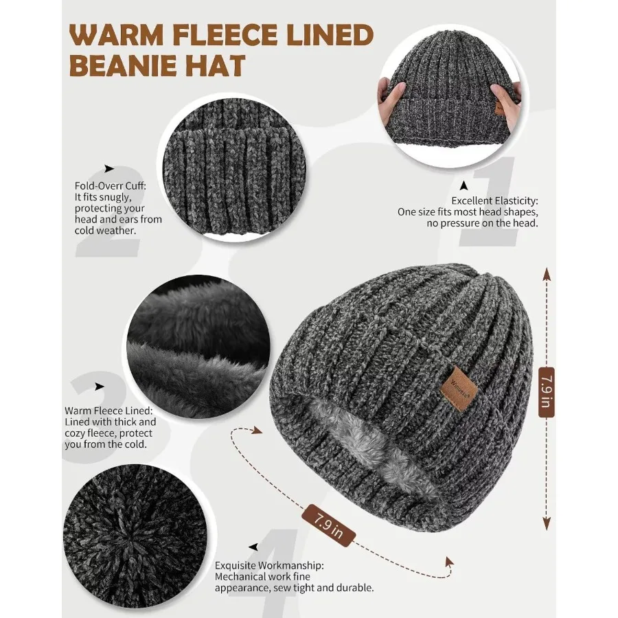 여성 비니 스카프 장갑 헤어밴드 세트 셔닐 겨울 모자 플리스 안감 귀마개 니트 스카프 터치스크린 장갑 4종 선물 세트