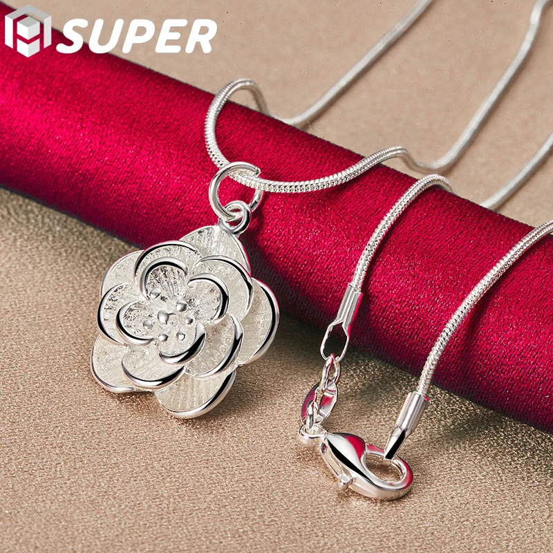 

925 Sterling Silver 18/20/24/26/30 Inch Snake Chain Rose Flower Pendant Necklace For Women Wedding Engagement Jewelry