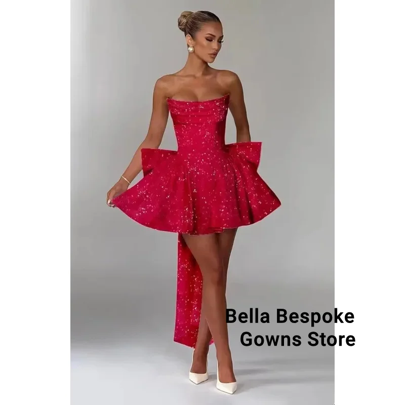 فستان قصير مشد التخرج ألف خط كوكتيل كوكتيل الترتر فساتين العودة للوطن مع القوس حمالة