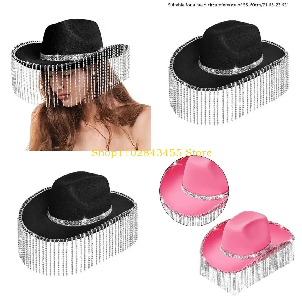 

49MC Стразы Кисточки Ковбойская шляпа Кепка для вечеринки Элегантные шляпы Клубная одежда Шляпа с широкими полями
