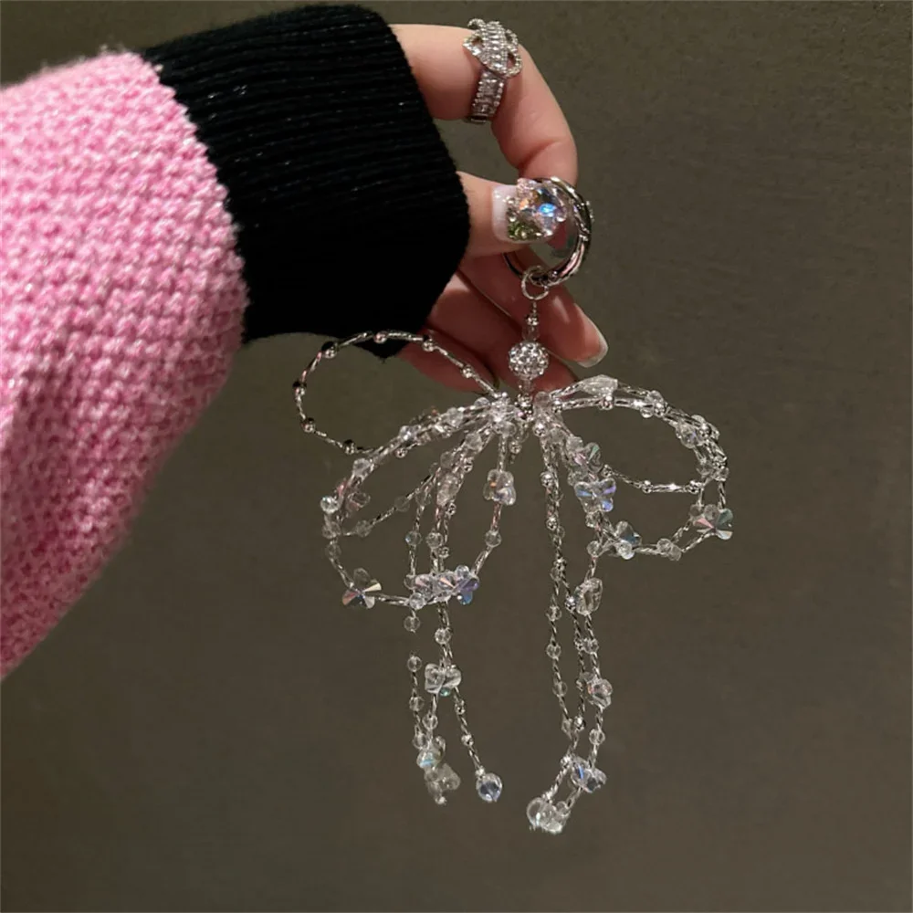 Glitter Bling Bow Crystal Beaded Phone Charm Strap Pendant Bracelet for IPhone Airpods Accessories Bag Women Girl Hanging Cord