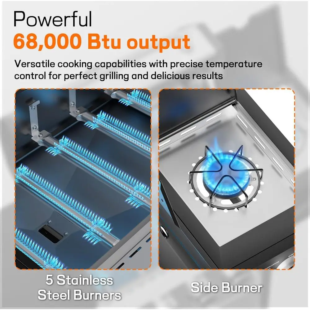 68,000 BTU Propane Gas Grill with Side Burner, 548 sq.in Cooking Space, Stainless Steel Outdoor BBQ for Patio or Garden