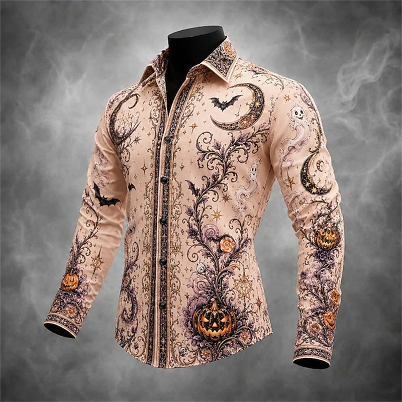 New Men's Spring Fall Halloween Collared Shirt Skull Bat and Pumpkin Print Spooky Button-Down Shirt Men's Long-Sleeve Shirt