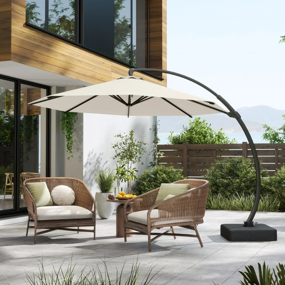 

12FT Cantilever Umbrella, with Base Large Curvy Outdoor Aluminum Offset Umbrella w/ 360° Rotation, UV Resistant Canopy for Patio
