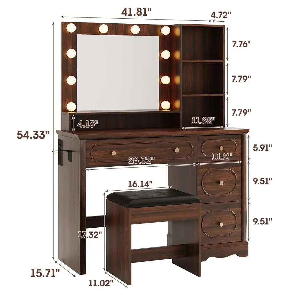 Vanity Desk with 11 Drawers, Glass Top Makeup Table with Mirror and LED Lights Vanity with Stool 3 Lighting Modes Brightness Ad view 3