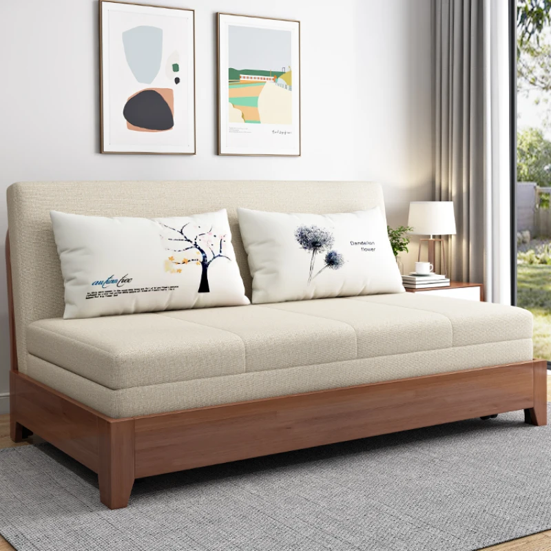 Multifunctional small living room with push-pull folding of solid wood sofa bed