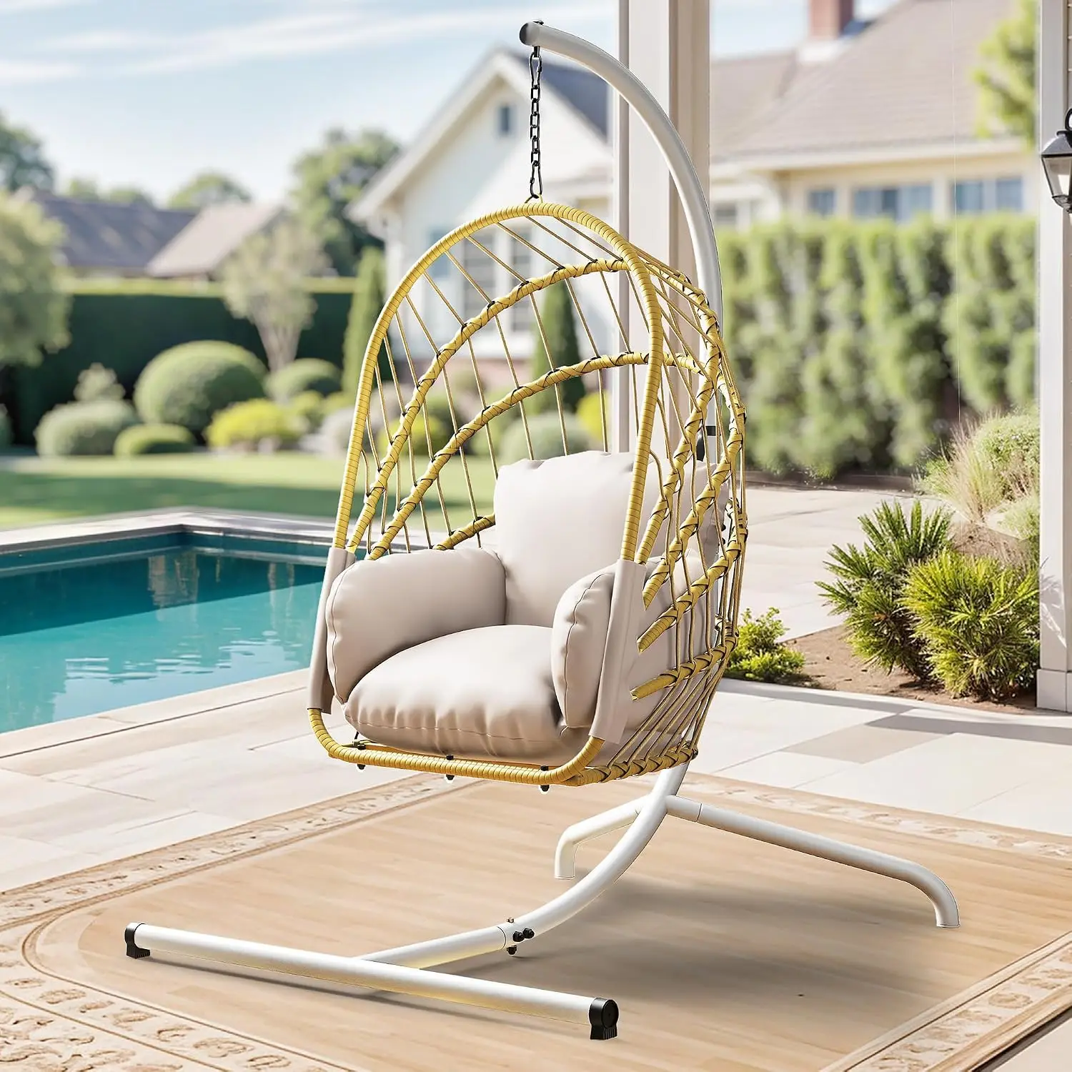 Foldable Egg Chair w/Stand & Cushion, Wicker Hanging Basket Seat, Indoor Outdoor Patio Garden Balcony, Customized