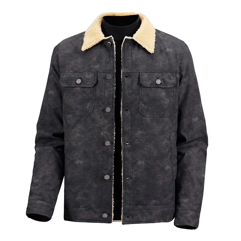 Autumn Winter Men Jacket New Contrast Color Turn Down Collar Male Plush Coat Single-breasted Long Sleeve Pocket Man Outerwear