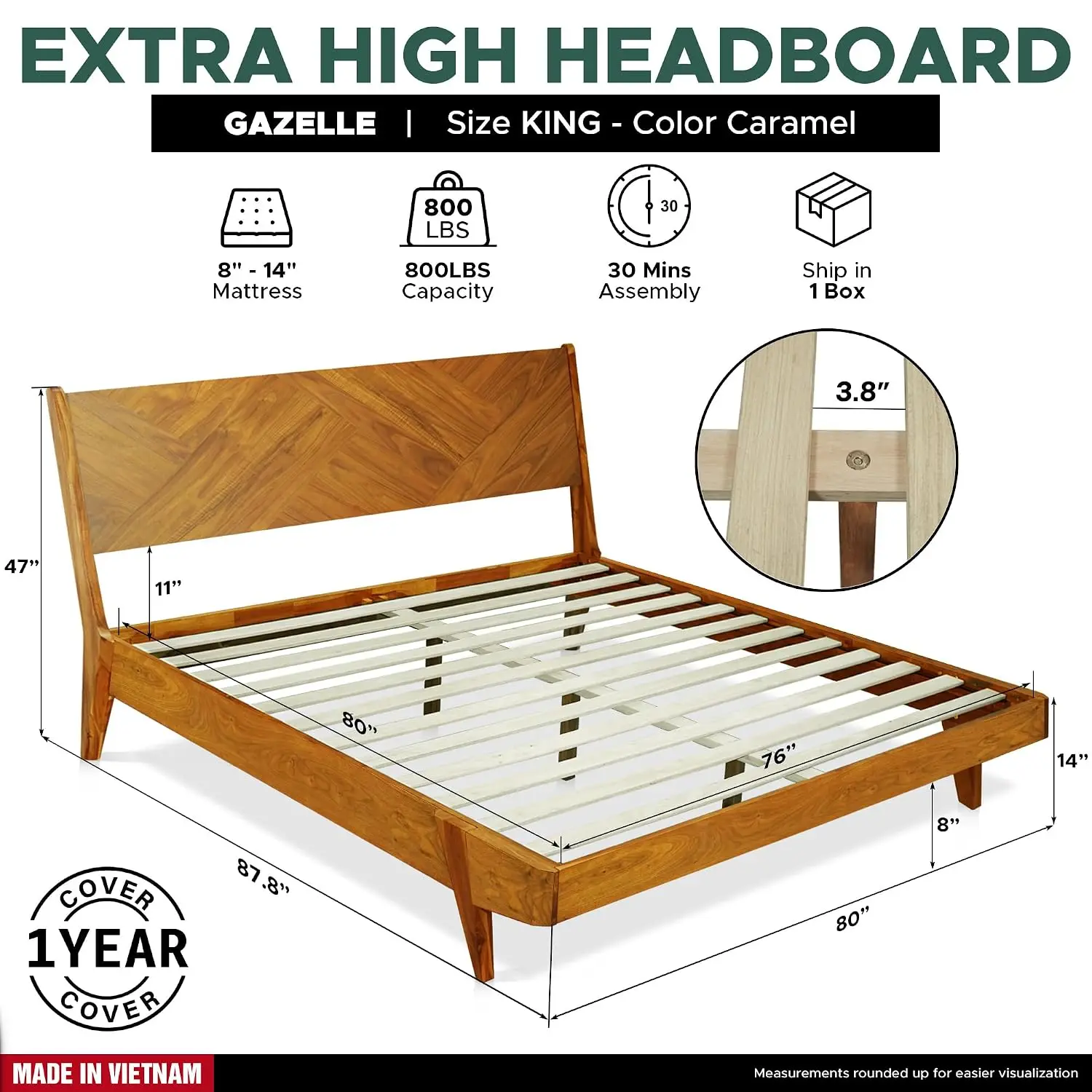 Gazelle King Size, Acacia Wood Bed-frames with Tilted Headboard, Caramel