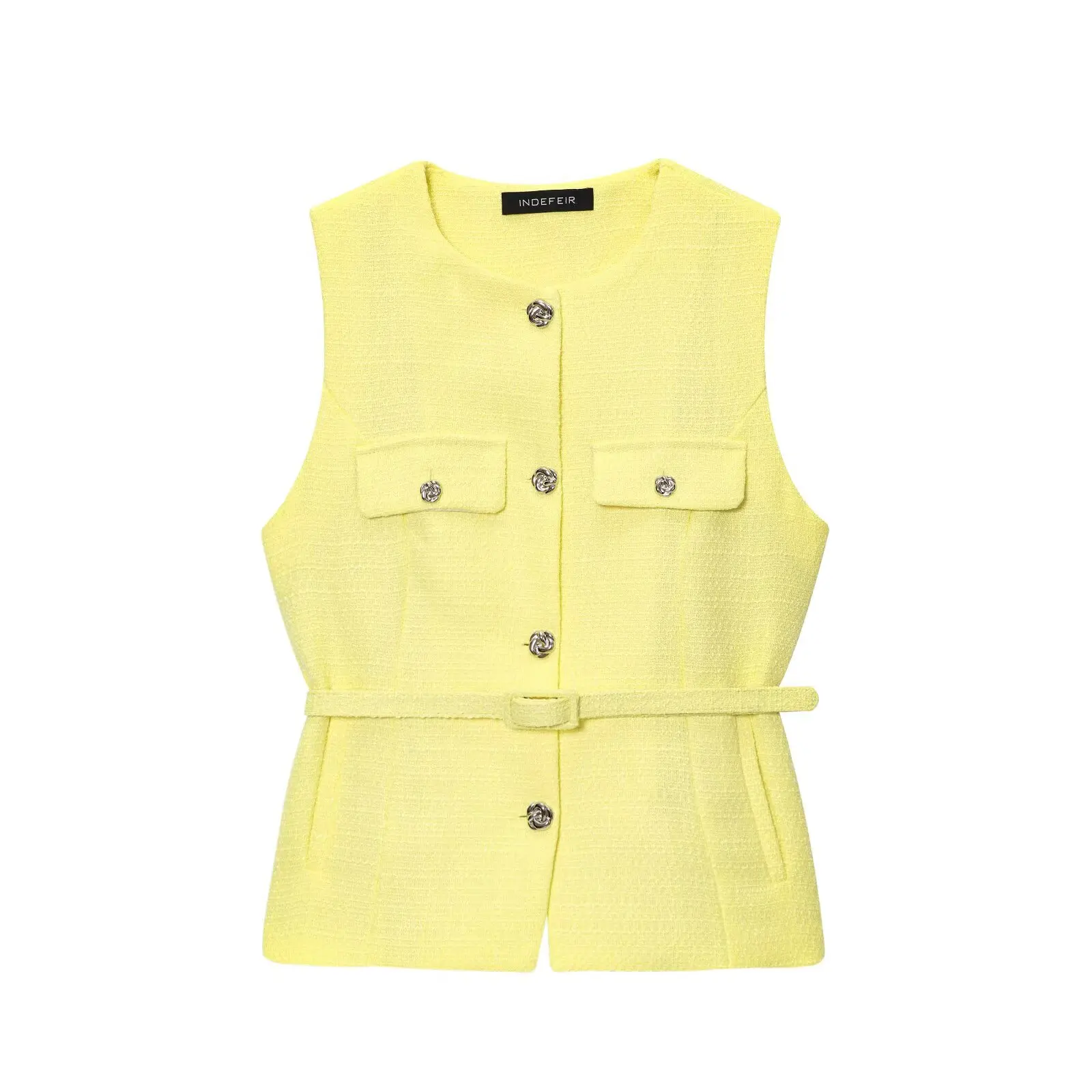 

New Women's Vest Top Belt Texture Button Decorated 23209 Commute Sle Polyester Fiber Regular Thin Pure Color