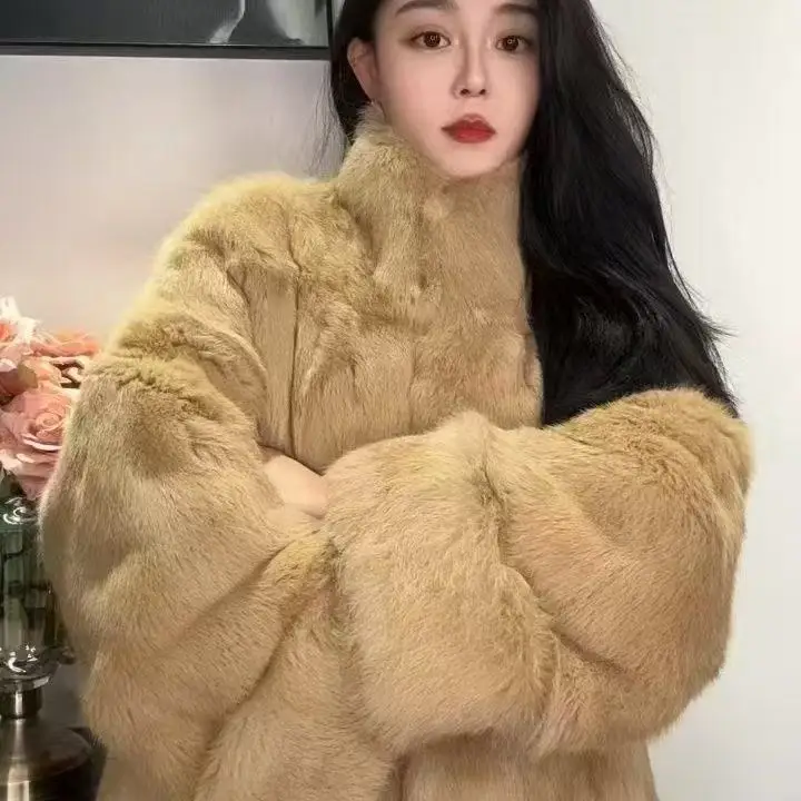 Mantel Bulu Kelinci Timur Atas 2025 Baru Semua Bulu Ledakan Asli Satu Kerah Berdiri Bulu Musim Dingin Panjang Sedang Hangat