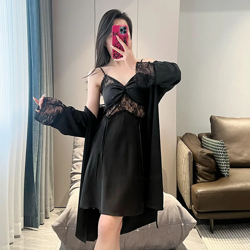 Baju tidur renda Hollow Out gaun malam wanita sutra Satin pakaian rumah gaun malam kamisol seksi Set malam & jubah mandi baru musim semi