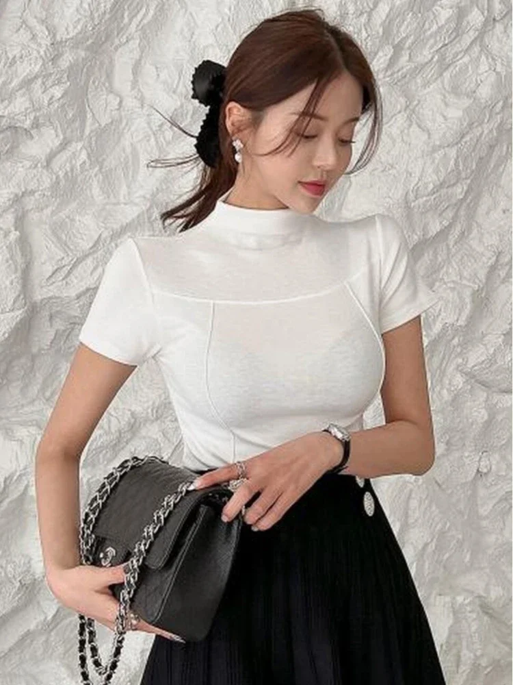 

Summer Casual Tee For Women Y2k Vintage Top Harajuku Streetwear Slim Basic Solid Crop Top Short Sleeve Crewneck Skinny T-shirt