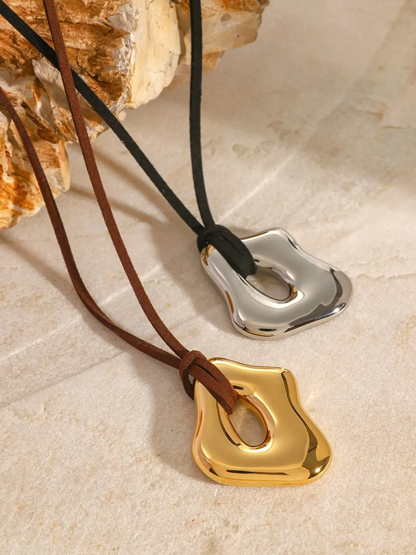 

Asymmetrical Glossy Pendant Necklace for Women, Geometric Design with Leather Cord, Fall Winter Fashion Jewelry