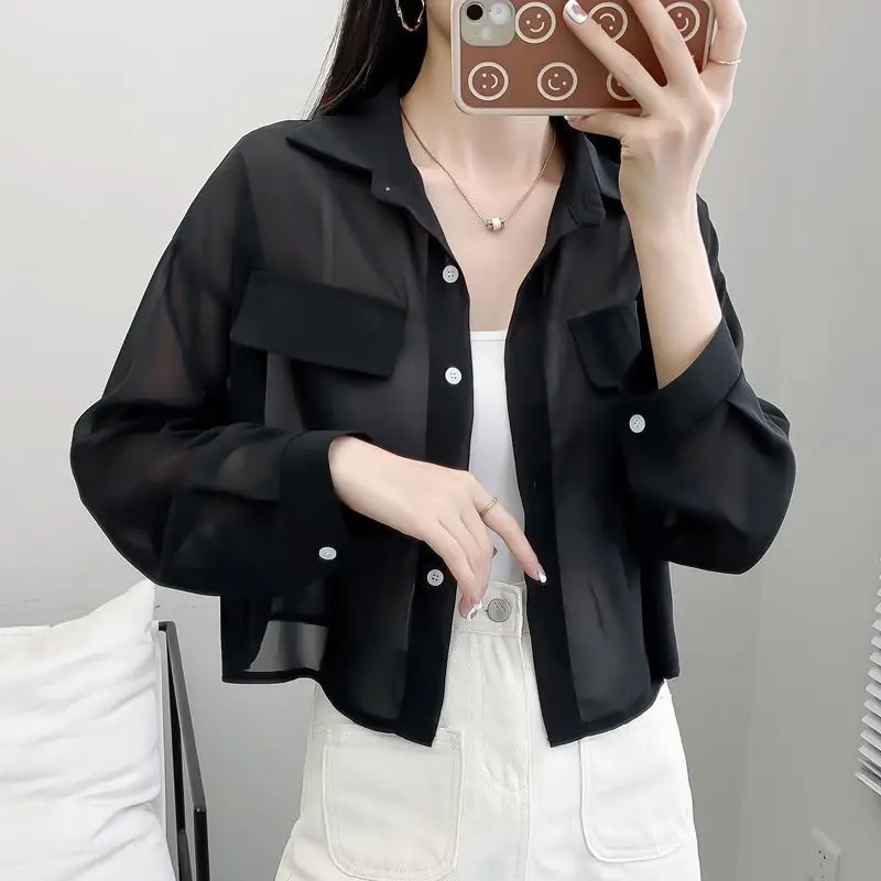 Elegant Lapel Spliced Button Loose All-match Chiffon Shirt Women\'s Clothing 2023 Summer New Casual Tops Office Lady Blous