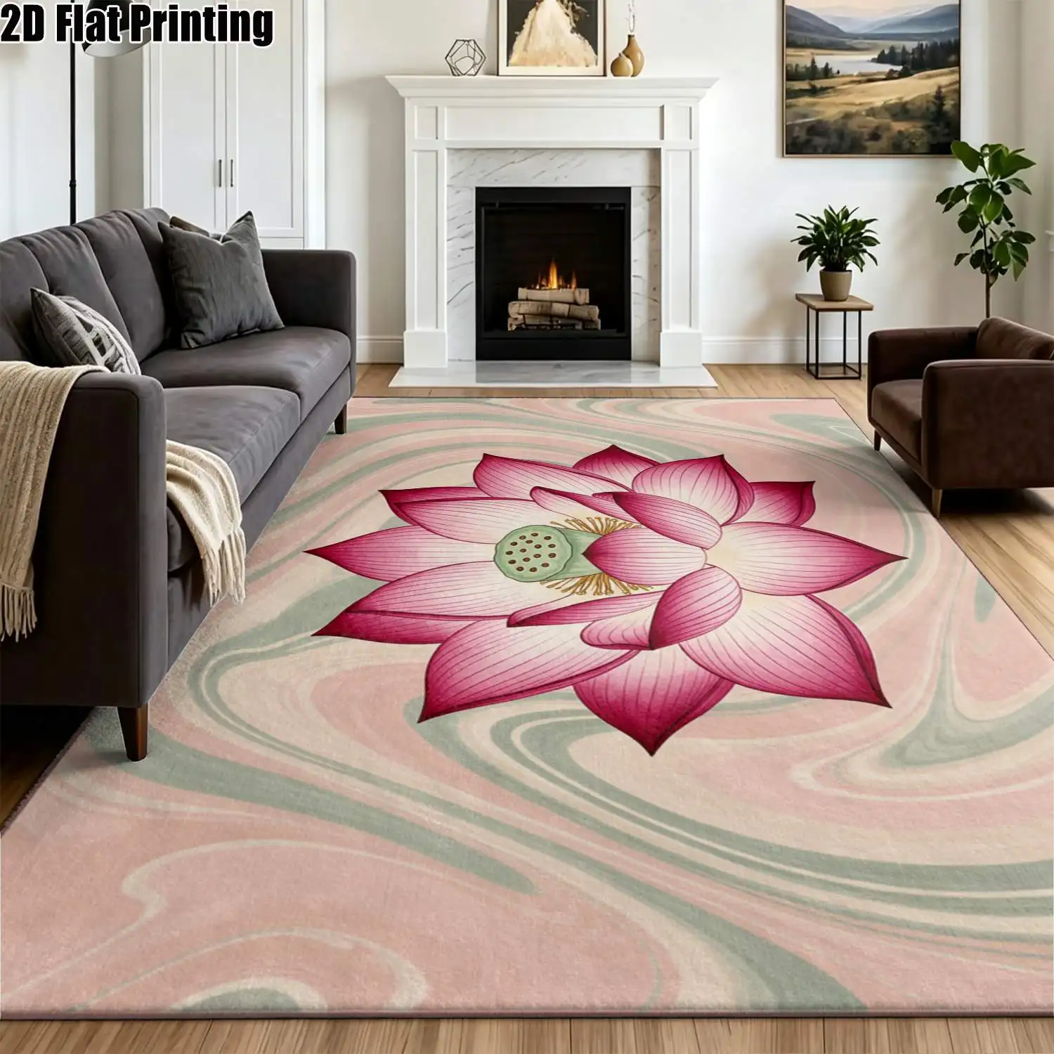 1Pc 2D Printed Pink White Lotus Pattern Carpet, Modern Simple Instagram Style, Multi-Size Machine Washable, for Home Decor & Multi-Scenario Use