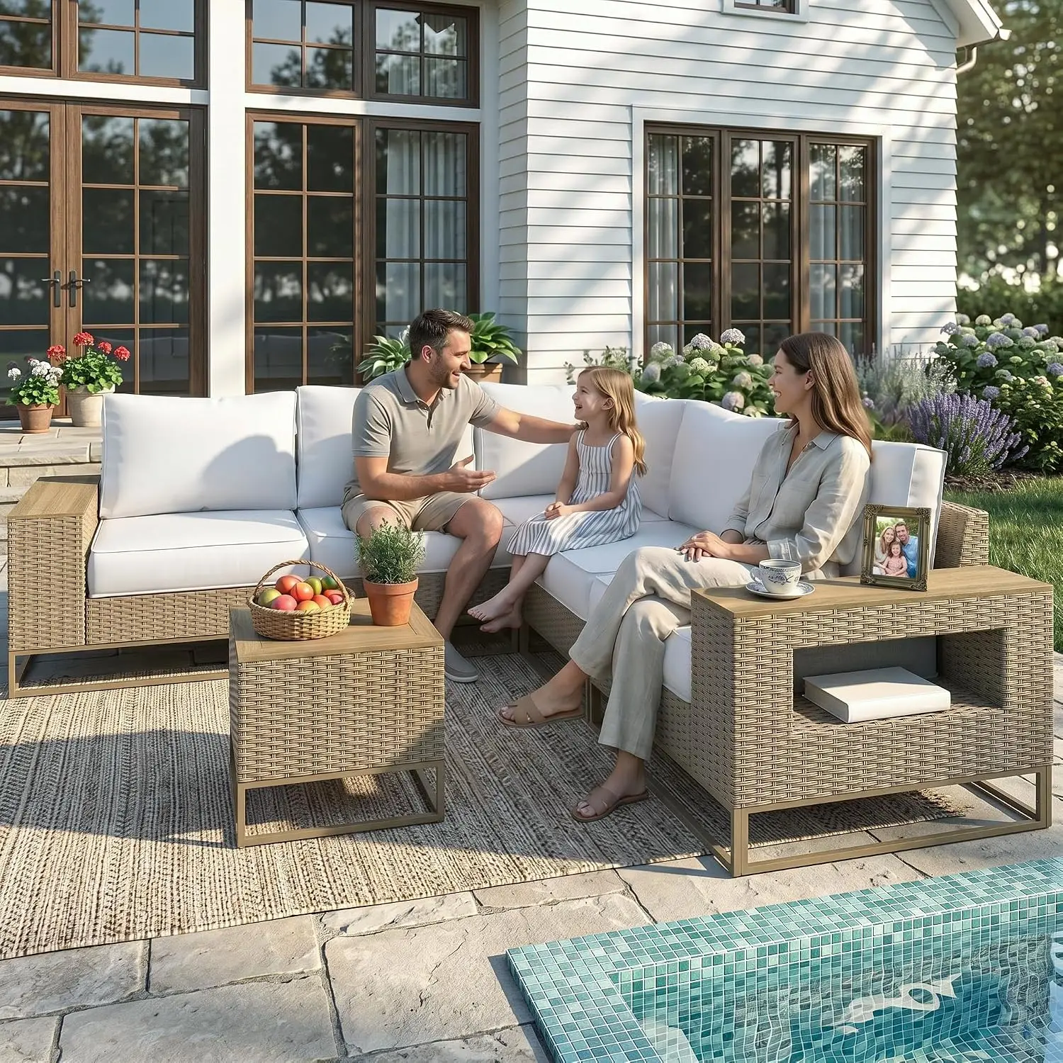 PE Rattan Outdoor Sectional Sofa 6-Piece L-Shaped Modular Garden Patio Furniture with Thickened Cushions Chunky Arms, Customized