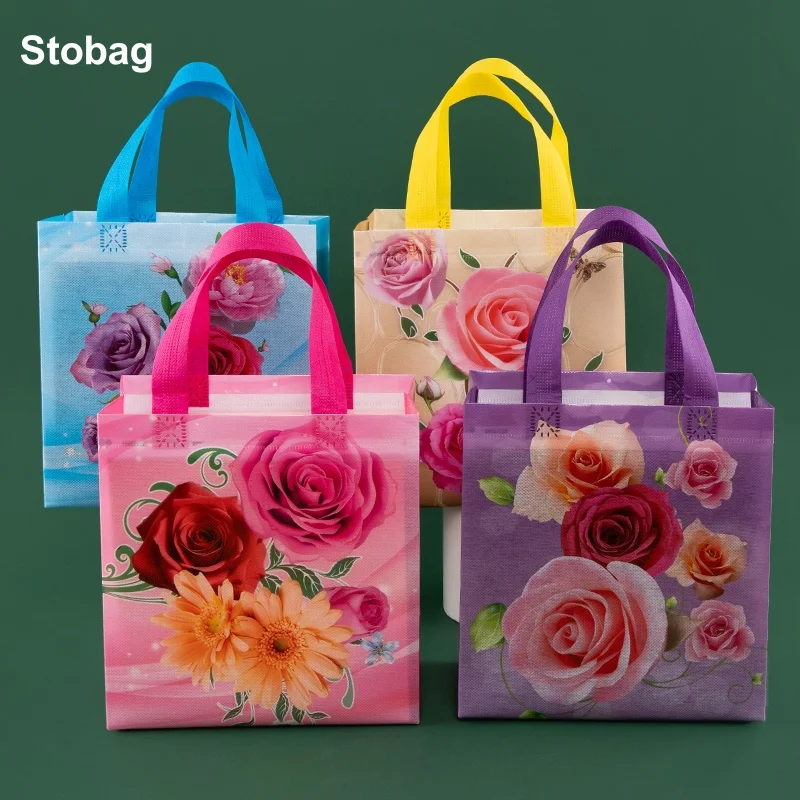 

StoBag 12pcs New Non-woven Gift Tote Bags Flowers Fabric Package Kids Waterproof Storage Reusable Pouch Birthday Party Favors