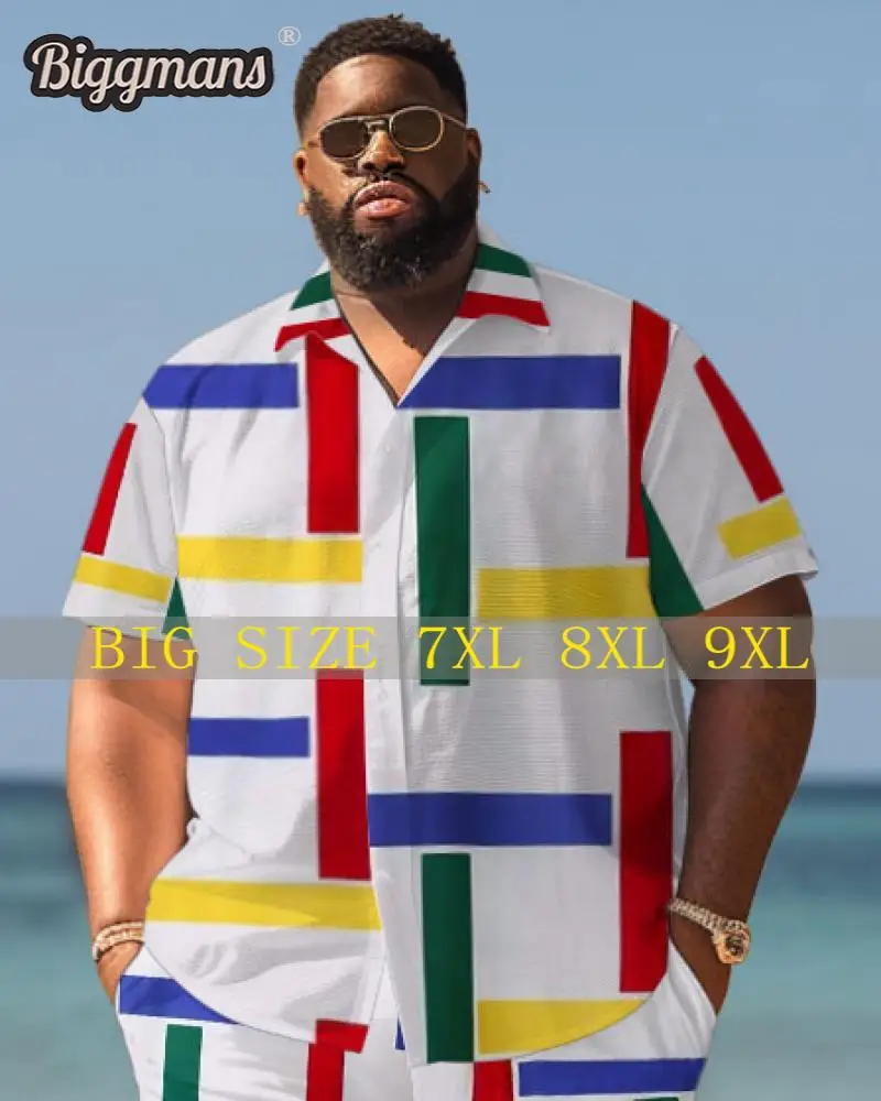 

Biggmans Shirt Plus Size L-9Xl for Summer Beach Men's Oversize Beach Hawaiian Colorful Block Print Shirt Shorts Top 7XL 8XL