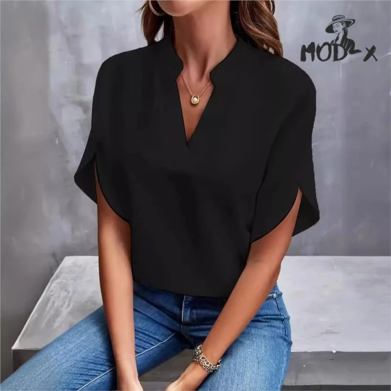 MODX Cross-border Foreign Trade Women's 2024 Summer Casual Solid Color V-neck Loose Shirt Blouse Women Hot New