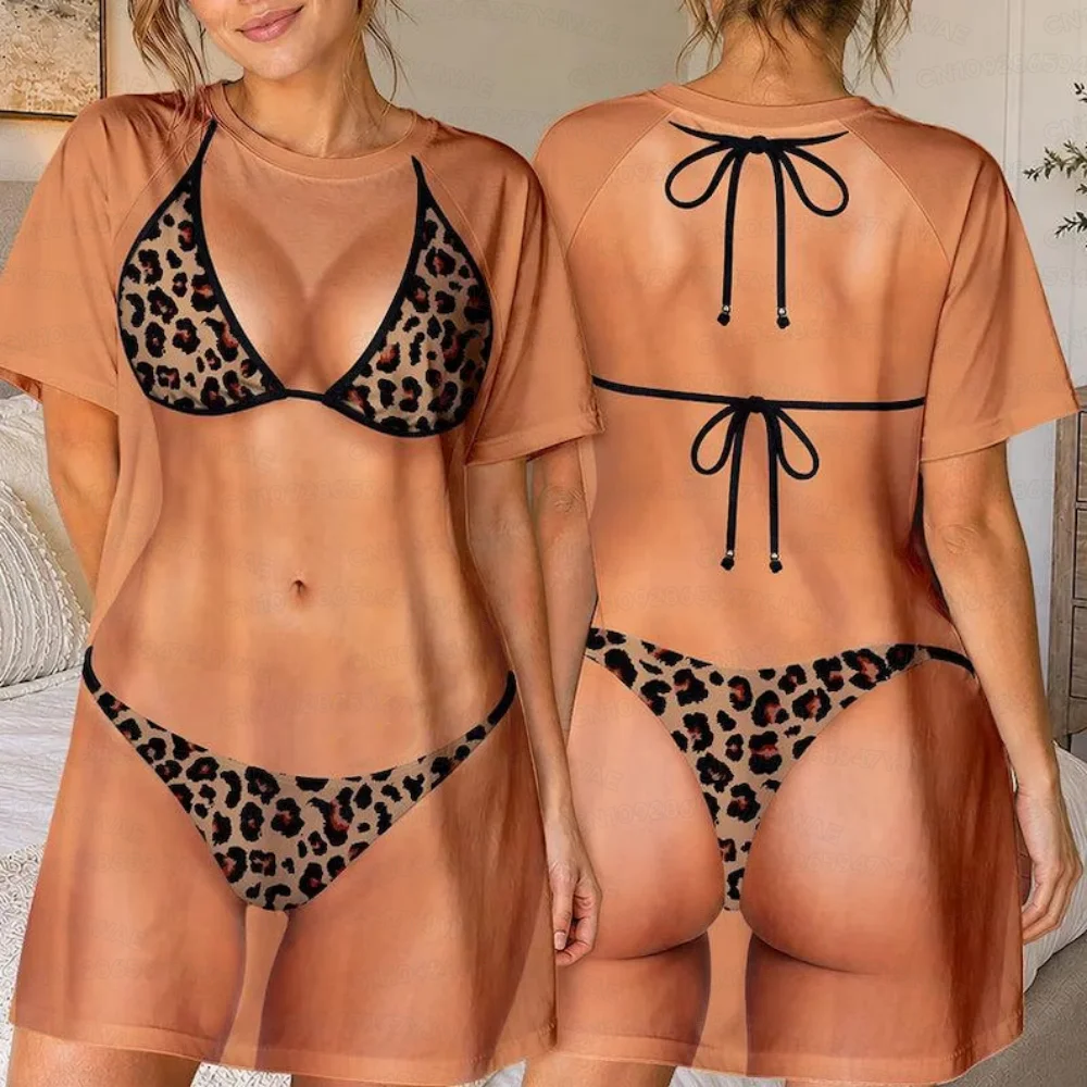 Summer Women's Sleep Dress Funny 3D Bikini Sleep Shirt Beach Cover Women's Vacation Short Sleeve Dress Summer Gift