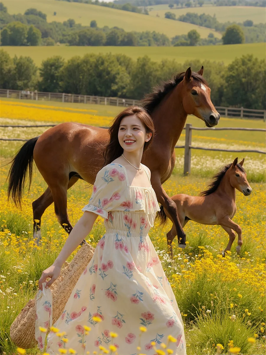 Damenkleider für Damen, Party, elegant, quadratischer Kragen, Schnürung, Volant, Rüschen, Fliege, Kordelzug, weich, Vintage, Boho, romantisch