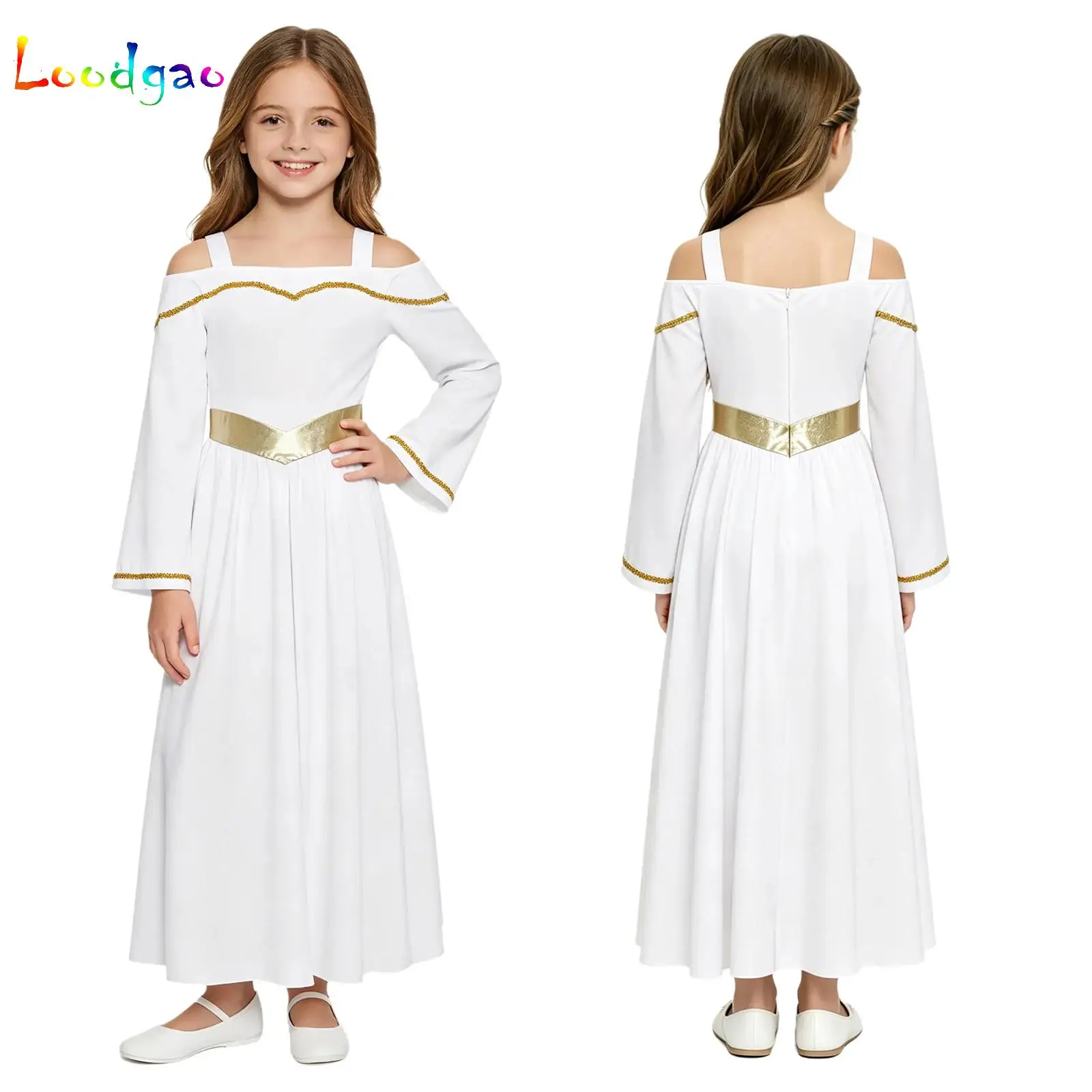 Kids Girls Loose Fit Praise Modern Lyrical Dance Dress Teens Worship Liturgical Metallic Choir Performance Costume Angel Tunic