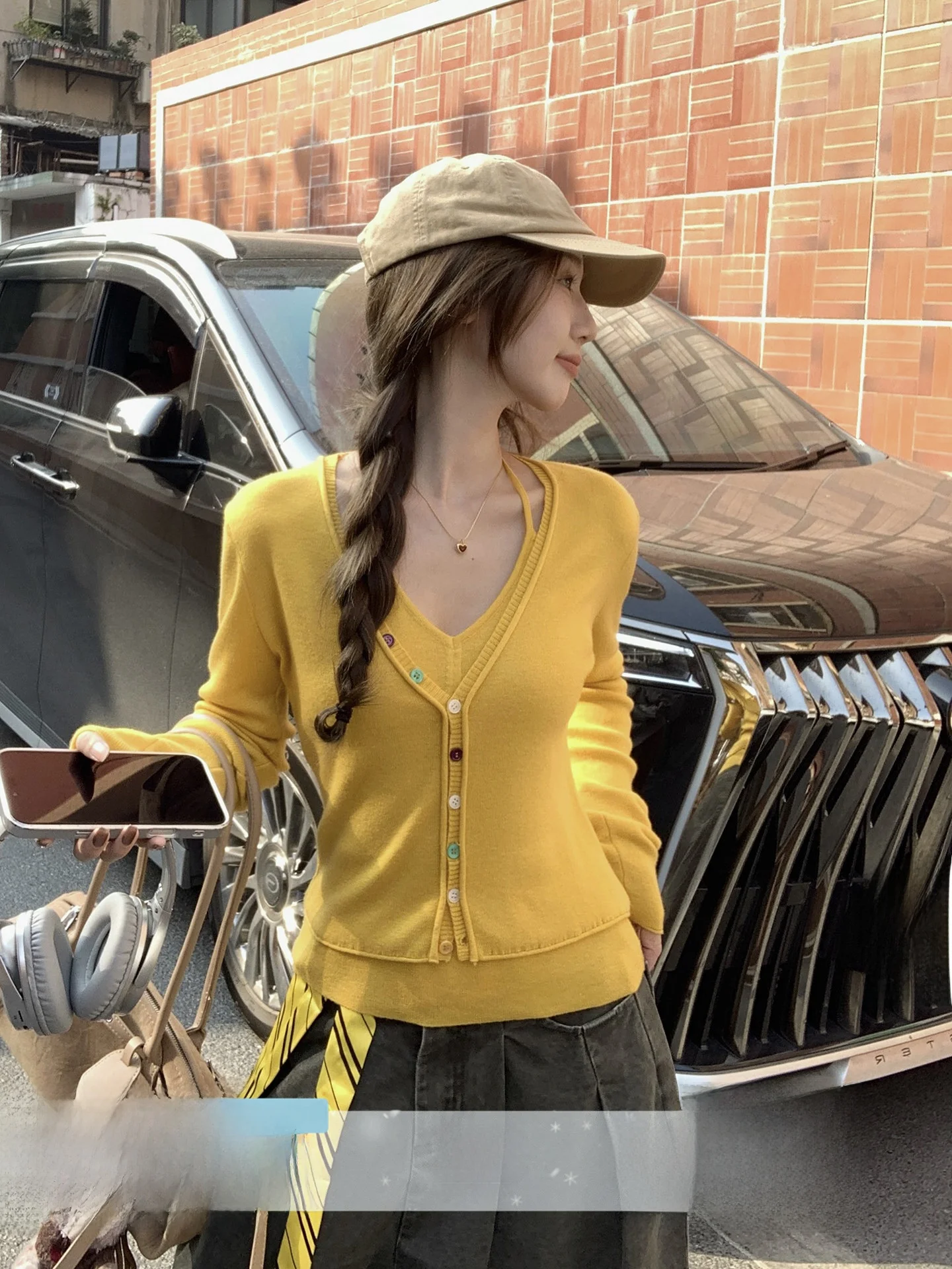 

Women's Yellow Knitted Open Cardigan Set Slimming Waist Design Spring Faion Two-Piece Ensemble Inner Wear Vest Korean Sle