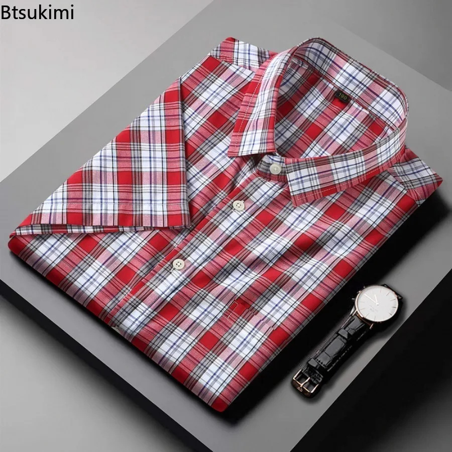 2025 Summer New Fashion 100% Cotton Short Sleeve Plaid Shirts for Men Super Large Business Office Yarn Dyed Plaid Shirt Men Tops
