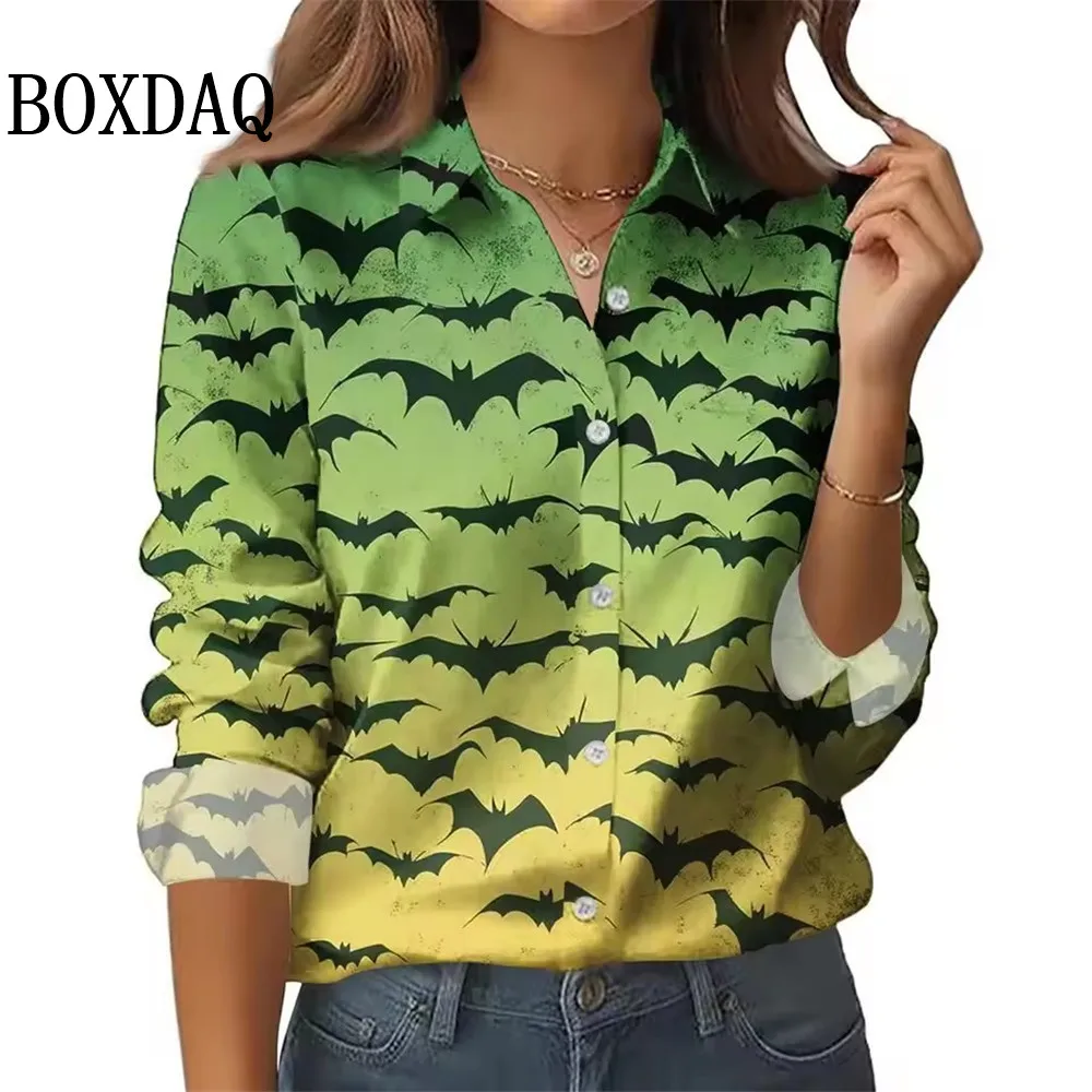 New 2025 Women's 3D Printed Bat Spiderweb Long Sleeve Shirt Fashion Halloween Party Casual Daily Lapel Ladies Long Sleeve Shirts