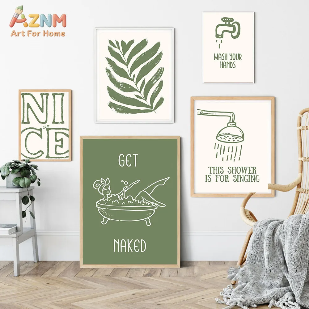 AZNM Sage Green Funny Bathroom Quote Canvas Wall Art Boho Tropical Leaf Bathtub Line Drawing Humorous Wash Hand Shower Phrase Pr