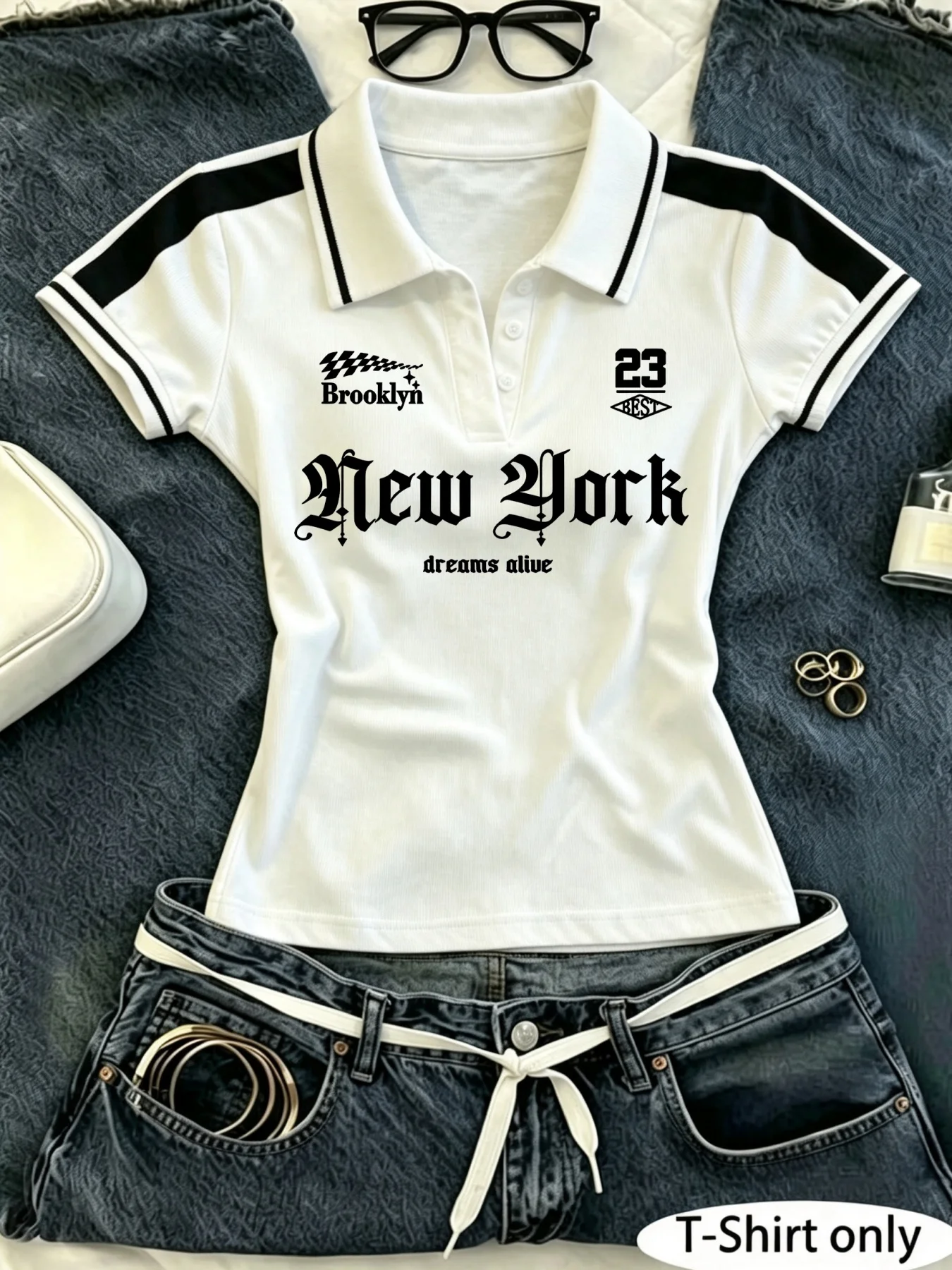Women's Y2K Crop Polo Shirt, New York Brooklyn Graphic Print Color‑Block Short Sleeve Collared Slim Fit Top for Casual Street