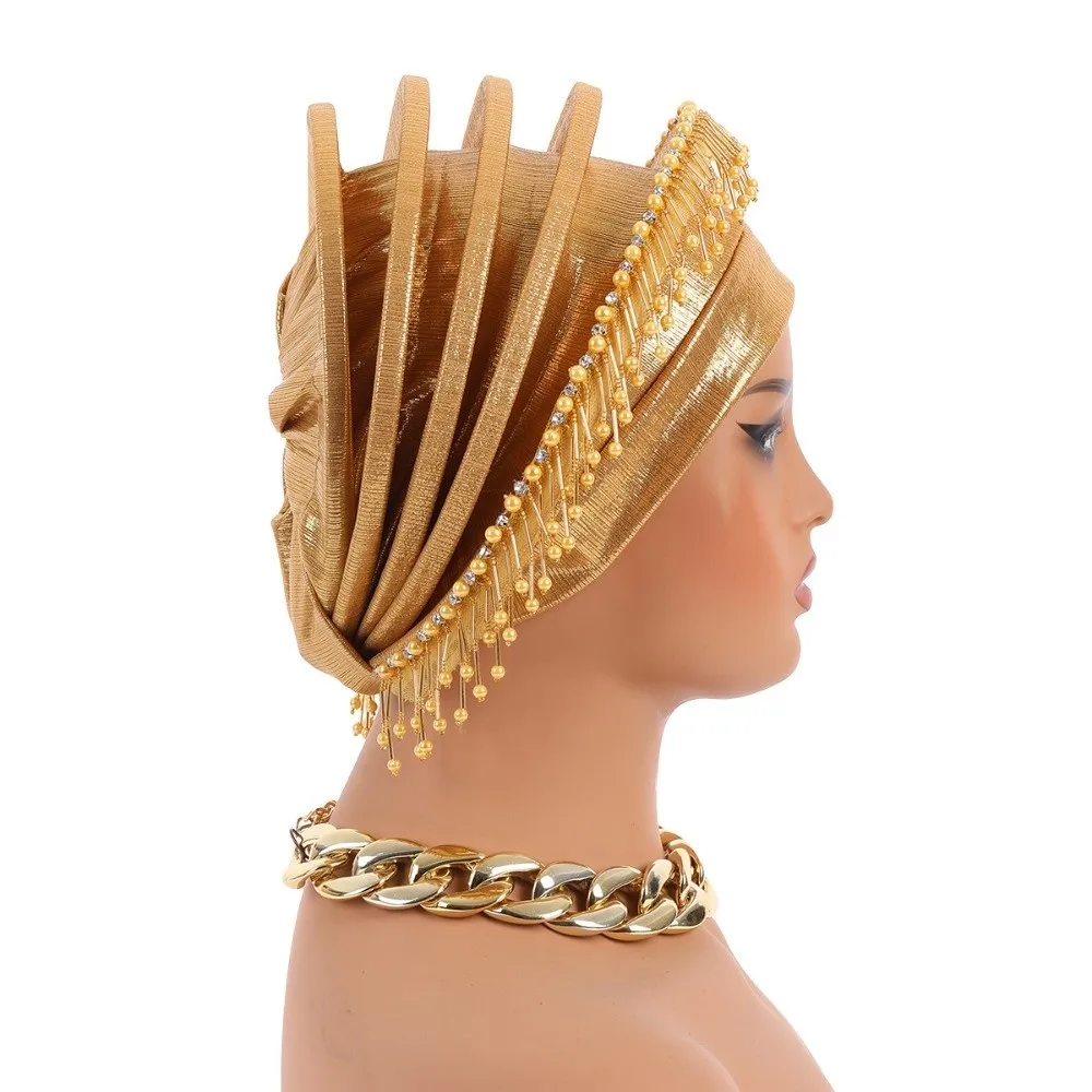 Ceremony Headpiece Structured Auto Gele Layered Metallic Beaded Headtie Elastic Tasseled Fringe Headwrap African Bridesmaid