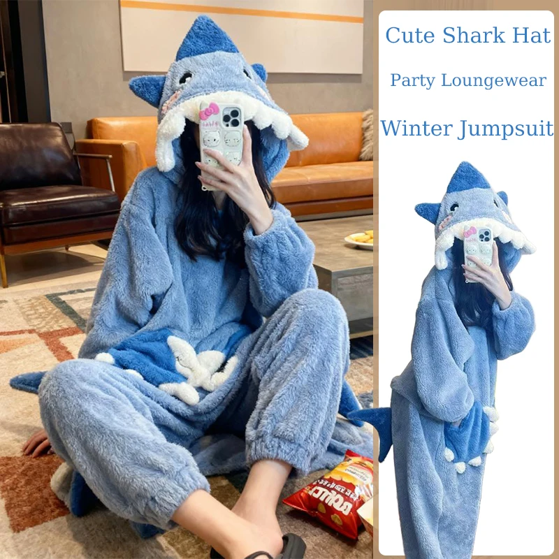 

Blue Shark One-piece Loungewear Anime Cartoon Cosplay Costumes Winter Coral Fleece Warm Hooded Nightgown Zipper Thick Onesies